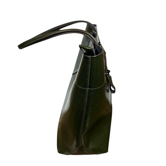 Kattee Green Leather Tote Lg Shoulder Bag Double Handle Purse Triple Compart - Picture 3 of 11